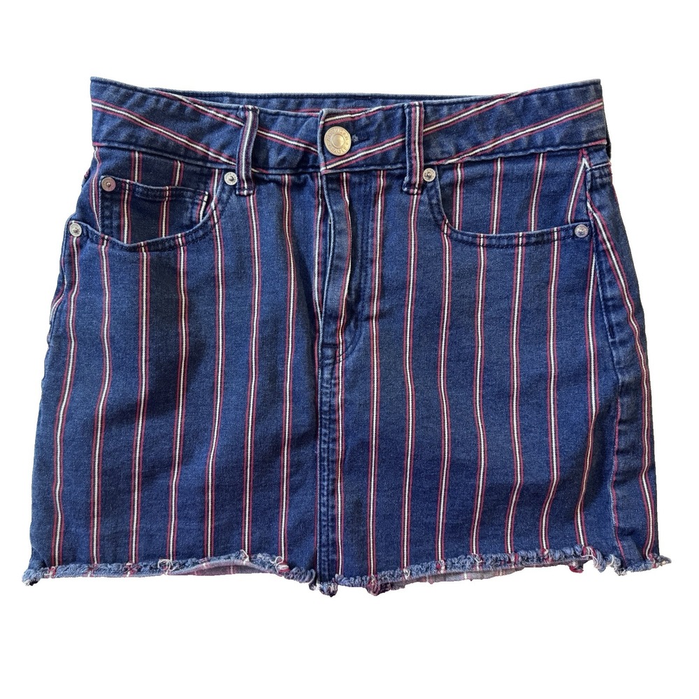 Y2K American Eagle Denim Mini Skirt American Raw Hem Striped Cut-off Size 6